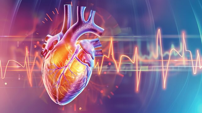 3D medical illustration displaying ventricular fibrillation condition of human heart, chaotic irregular cardiac electrical activity leading to ineffective heart pumping, dangerous fatal arrhythmia 