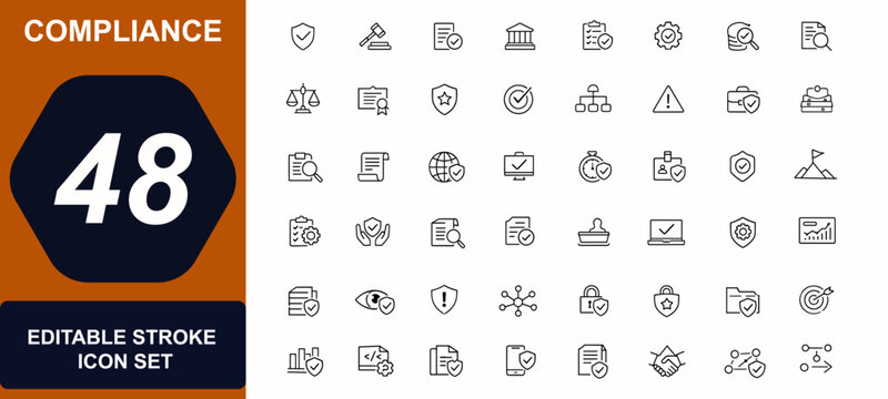 Compliance web icons in line style. Governance, legal policy, quality control, corporate rules, responsibility, law compliance set. Editable stroke. Vector illustration.