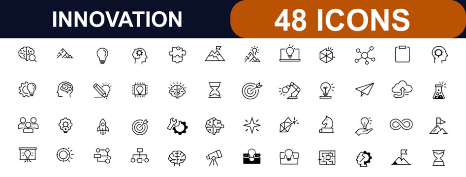 Innovation web icons in line style. Brainstorming, creative thinking, technology ideas, teamwork, inspiration, problem solving, brain concept. Editable stroke. Vector illustration.