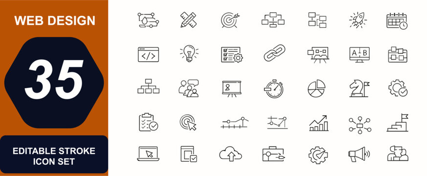 Web Design and Workflow web icons in line style. Workflow planning, task management, design process, team collaboration, productivity steps, timeline chart, project strategy set. Vector illustration.