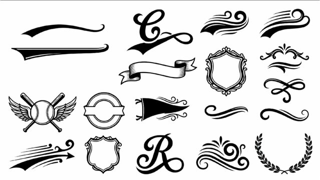 Retro Athletic Lettering Toolkit Vector Set with Baseball-Inspired Script Typography, Flowing Swash Tails and Vintage Sports Branding Elements
