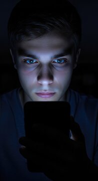 Young man intensely focused on glowing mobile phone screen in a dark room, reflecting digital connection, youth technology addiction, late night online activity, and eye strain
