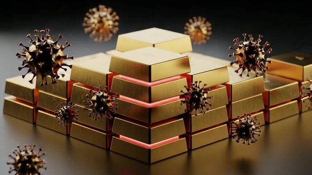 Gold Bar Pyramid and Virus: A pyramid of stacked gold bars, illuminated by a red glow from within, stands surrounded by a scattering of spiky virus-like objects.