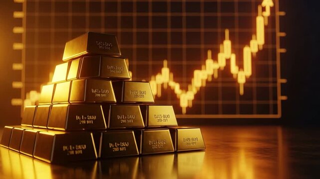 Gold Bullion Stack with Upward Trend Graph: A shimmering pyramid of gold bullion bars stands proudly in front of a dynamic upward trending stock market graph, symbolizing wealth and financial growth.