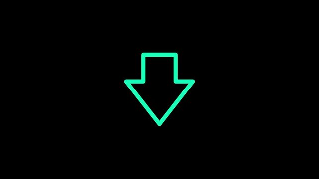 A vibrant neon green outline of a downward pointing arrow is prominently displayed in the center of a deep black background, conveying a sense of digital direction or a modern call to action