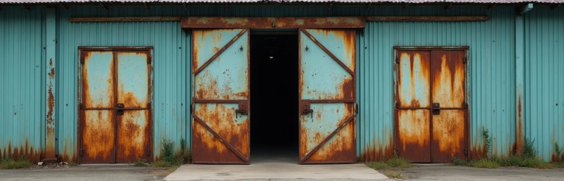 Exterior of old warehouse with teal corrugated metal walls. Large central double doors and two smaller side doors are heavily rusted. The main doors stand open revealing dark interior space.