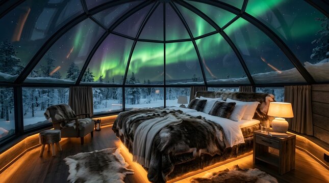 Arctic glass igloo suite featuring spectacular northern lights view over snowy winter forest.