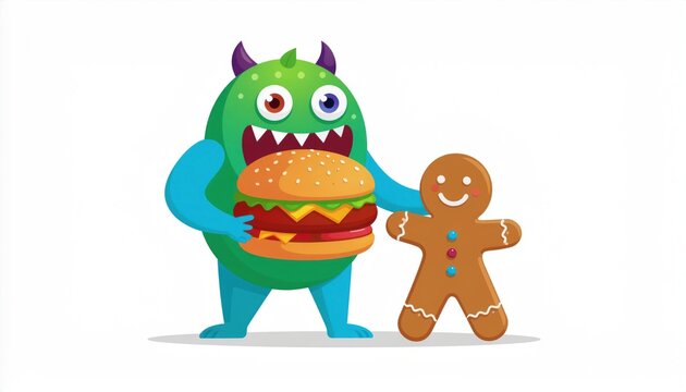 Monster and gingerbread man eating burger.
