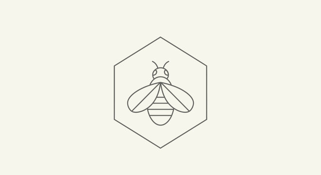 Minimalist Bee Icon in Hexagon Frame, Line Art Insect Symbol