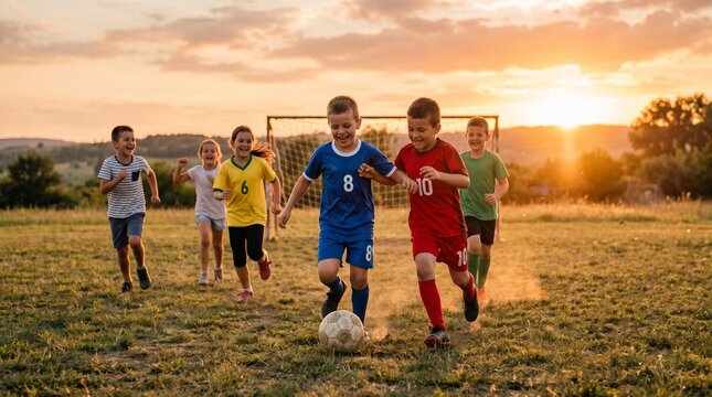 Group of young children playing football match in green meadow during beautiful summer golden hour sunset light with friends running around on grass pitch field.