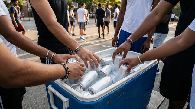 Group of friends reaching for cold canned drinks from an ice chest cooler outdoors