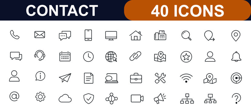 Contact icon set. Communication, phone call, email message, customer support, chat, calendar, location pin, globe link, info service, contact symbols. Editable stroke. Vector illustration.
