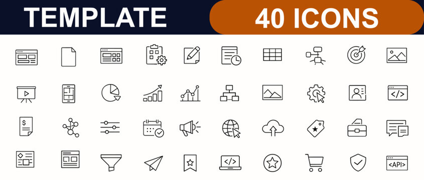 Template web icons in line style. Website layout, document page, presentation slide, invoice form, poster design, infographic chart, blank template set. Editable stroke. Vector illustration.