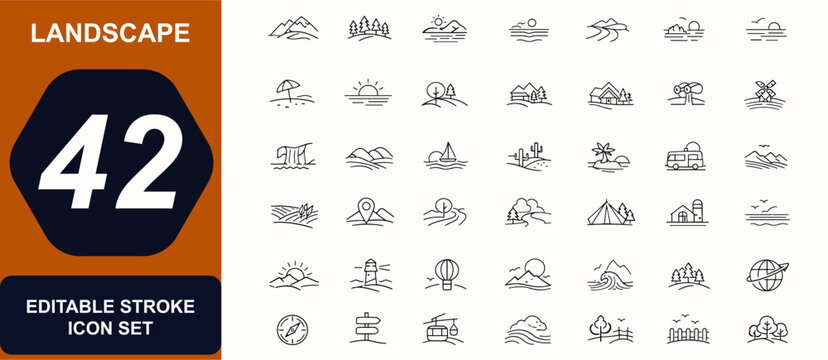 Landscape web icons in line style. Mountain scenery, natural view, forest trees, lake road, sea horizon, sunset sky, travel nature set. Editable stroke. Vector illustration.