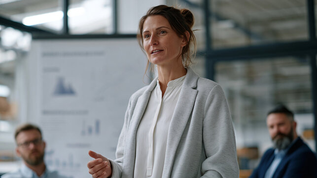 Reshoring supply chain consultant presents nearshoring cost benefit analysis to a manufacturing executive team in a desolate Midwestern factory showroom, empty production floor