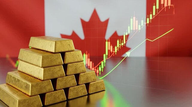 Canadian Gold Reserves: A still life composition showcasing a stack of gleaming gold bars, set against the backdrop of the Canadian flag and an upward trending stock market graph.