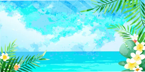 Fototapeten Türkis Tropical scene with palm leaves and white flowers watercolor illustration  © Nirob