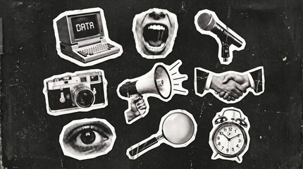 Vintage Halftone Collage with Media and Surveillance Elements