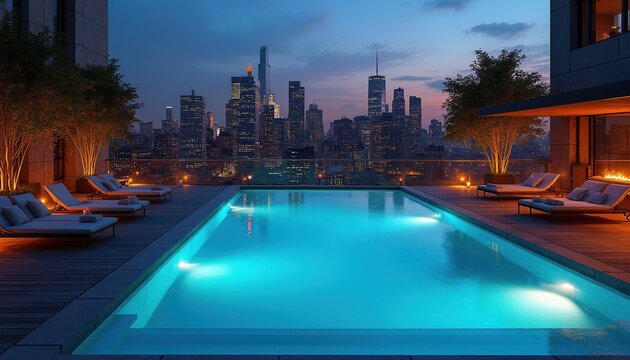 Luxury NYC rooftop pool at night with city skyline view. Lounge chairs and fireplace on wooden deck. Perfect for real estate ads vacation promos and high-end lifestyle content.