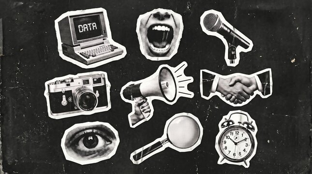Vintage Halftone Collage with Media and Surveillance Elements