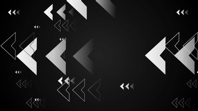 Abstract dark background with layered silver chevron arrows pointing left animation
