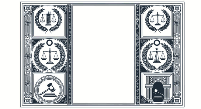 Ornate Legal Frame with Scales of Justice and Gavel, Vintage Style