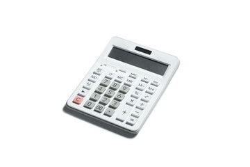 White Desktop Calculator Isolated on White Background with Solar Panel and Numeric Keypad