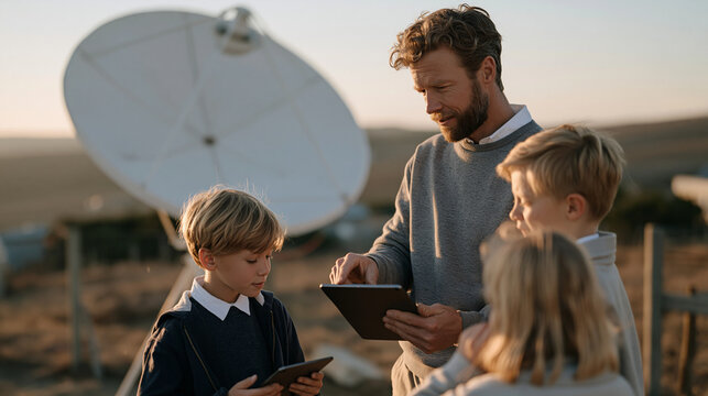 Rural schoolteacher helping elementary students aim small satellite dish receiver toward evening sky from schoolyard, rolling agricultural hills visible behind fencing as children