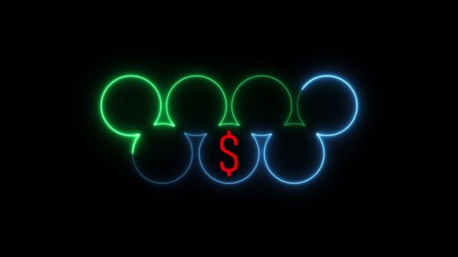 Glowing neon blue and green interconnected circles with a bright red dollar sign in the center against a dark black background representing financial concepts and abstract Keywords: neon, glow