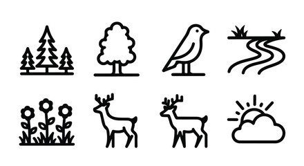 African safari line icons set, 8 minimalist savanna landscape and wildlife vector elements, black outline lion and zebra symbols for travel design © stcok victer cenva