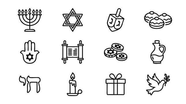 Jewish symbols and Hanukkah line icons set featuring menorah, star of david, dreidel, and torah symbols in minimalist vector style for religious culture and holiday celebration designs.