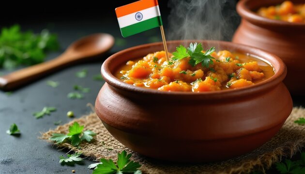 Hot steaming bisi bele bath served in clay pot with Indian flag. Karnataka traditional food with fresh herbs, wooden spoon nearby. Close up Indian cuisine.