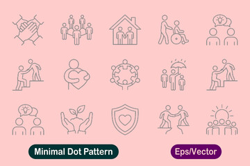 Fototapeta premium Vector icon set of social care and community support, including charity, volunteering, healthcare, and teamwork concepts, designed in a minimal dot pattern style