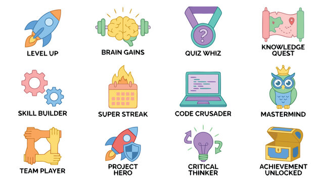 Collection of gamified learning badges in flat design with a pastel color palette featuring reward medals, achievement stars, educational certificates, and academic success symbols in a grid layout.