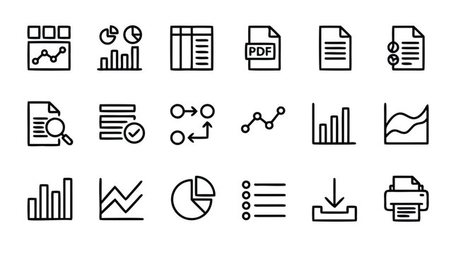Minimalist geometric vector icon set featuring sixteen unique symbols for professional UI/UX design, business reports, dashboards, data visualization, charts, PDF documents and summaries.