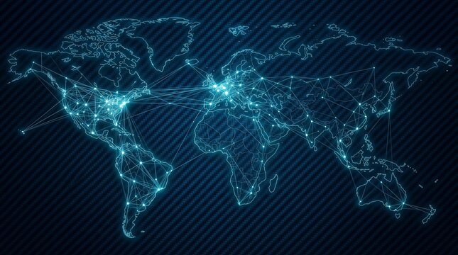 Global network connections map with blue lines and dots on dark background