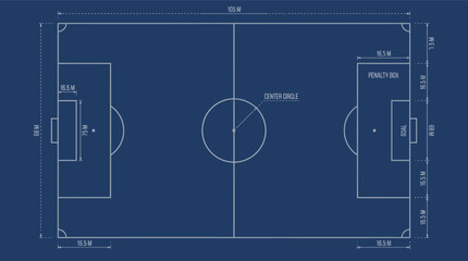 Blueprint soccer field technical drawing, football pitch architectural plan with dimensions, professional stadium layout vector on blue background © Zaingill