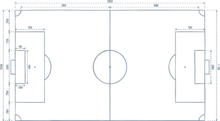 Technical soccer field diagram with dimensions, professional football pitch blueprint vector, sports stadium layout with measurement markings © Zaingill