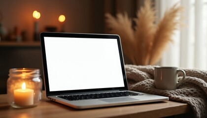 Fototapeta premium Laptop on wooden table near lit candle and warm blanket. Coffee mug rests on cozy knitted throw. Dry pampas grass in background. Soft indoor lighting.