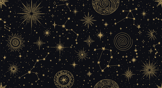 Gold stars and constellations on black background seamless pattern