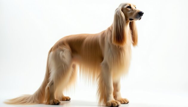 Elegant afghan hound with long cream fur poses gracefully. This tall breed displays regal stance against clean white background, its silky coat flowing. Ideal for fashion pet ads or luxury branding.
