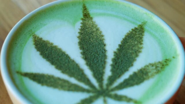 Top view of a matcha latte in a ceramic cup, decorated with powdered green tea forming a leaf pattern resembling a cannabis leaf