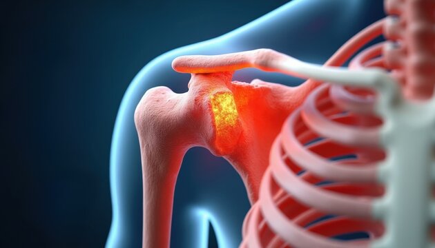 3D render shows human shoulder joint bone anatomy. Inflammation highlighted in yellow orange at glenohumeral joint. Rib cage visible nearby. Medical science concept.