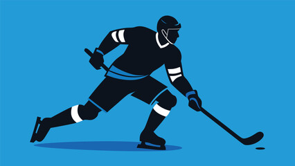 Fototapeta premium Hockey player in silhouette on blue background with puck during game