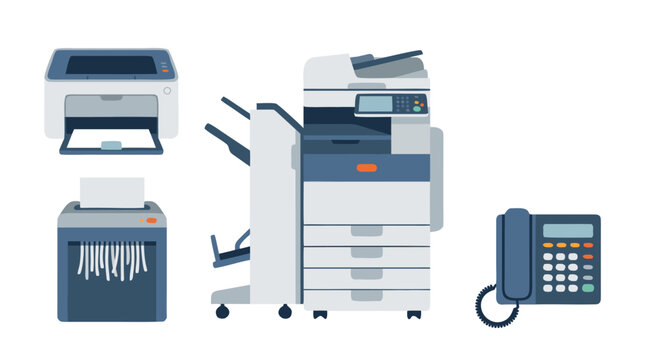 Modern Flat Vector Set of Office Technology Including Printer, Photocopier, Shredder, and Landline Phone Equipment Icons for Business Communication, Document Management, and Workspace Efficiency.