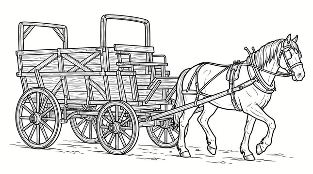 Detailed black and white line drawing of a horse pulling a traditional wooden wagon, depicting a classic mode of transport.