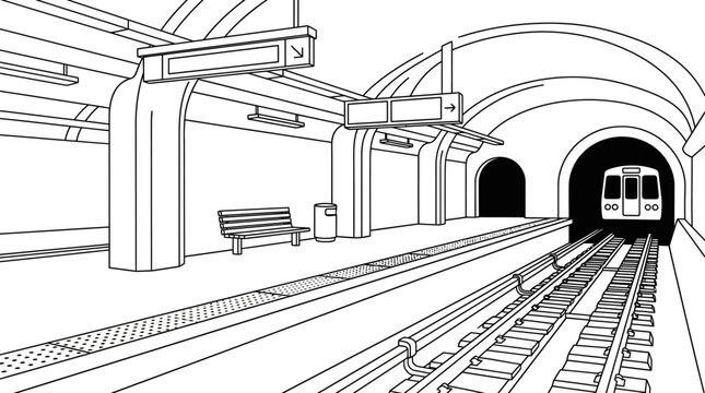 Black and white line art illustration of an empty underground subway station platform with tracks leading into a tunnel and a train approaching.