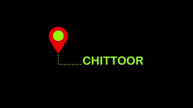Red location pin with bright green dot and dashed line pointing to the word CHITOR in bright green text on a black background. Keywords: location, pin, map, marker, destination, point