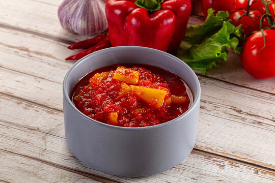 Red Pepper Sauce in Grey Bowl