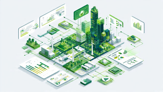 Futuristic green cityscape with tall skyscrapers and digital data overlays for smart urban development